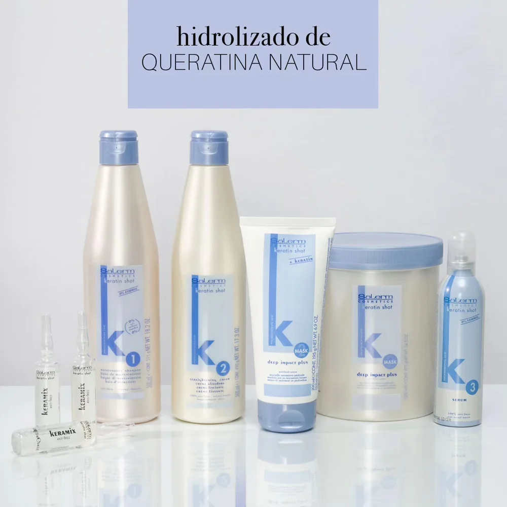 Línea Keratin Shot de Salerm Cosmetics con etiqueta 0% formol: shampoo, crema alisadora, mascarilla, serum y ampollas Keramix